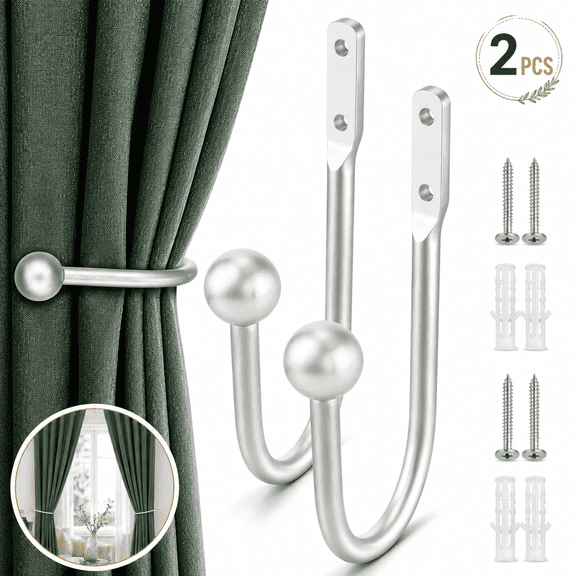 Genreen Curtain Holdbacks, 2pcs Curtains Holder Wall Mounted Drapery Tiebacks Retro Window Hook for Home Decor, Silver