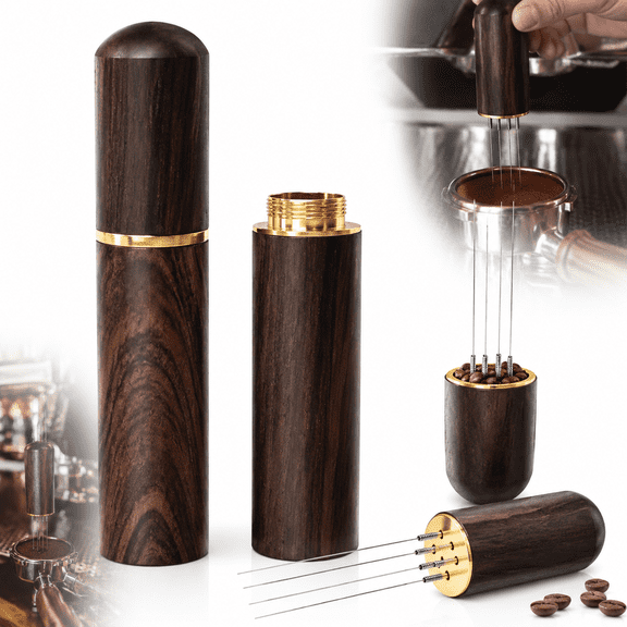 Genreen Espresso Coffee Stirrer - 5 Needles 0.4mm Coffee Distribution Tool with Natural Walnut Handle & Stand - Needle Distributor for Even Extraction & Clump Breaking (Walnut)