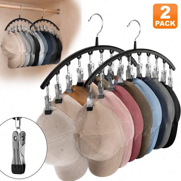 Genreen Hat Hangers for Closet, Metal Hat Organizer Racks for Baseball Caps 2 Pack Door Hat Racks for Baseball Caps with 10 Large Clips, Baseball Hat Holder for Closet Storage, Fits All Caps-Black