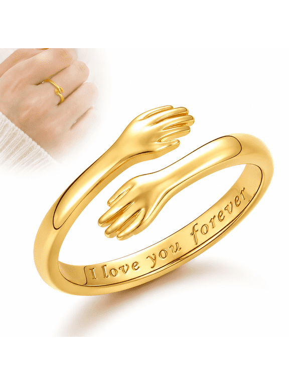 Hug Rings for Women Silver Hugging Hands Ring Adjustable 14K Gold Plated Daughter Rings from Mom Jewelry for Couples