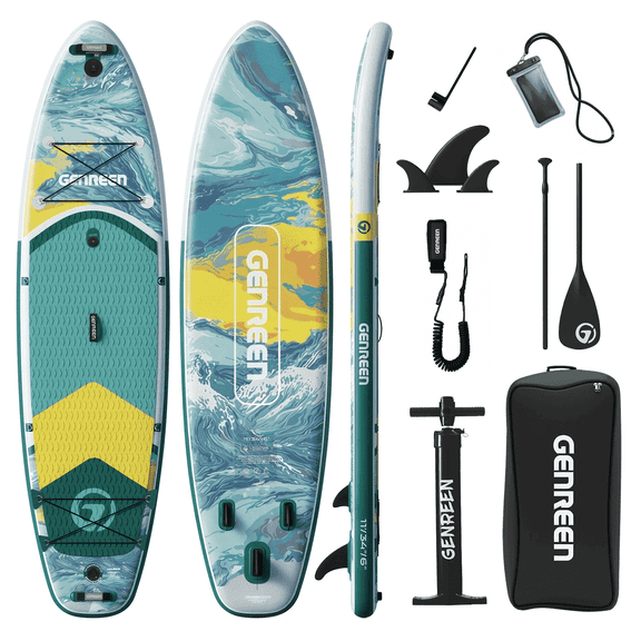 Genreen Inflatable Stand up Paddle Board with SUP Accessories, 11’ Fishing Paddle Boards for Adults & Youth of All Skill Levels