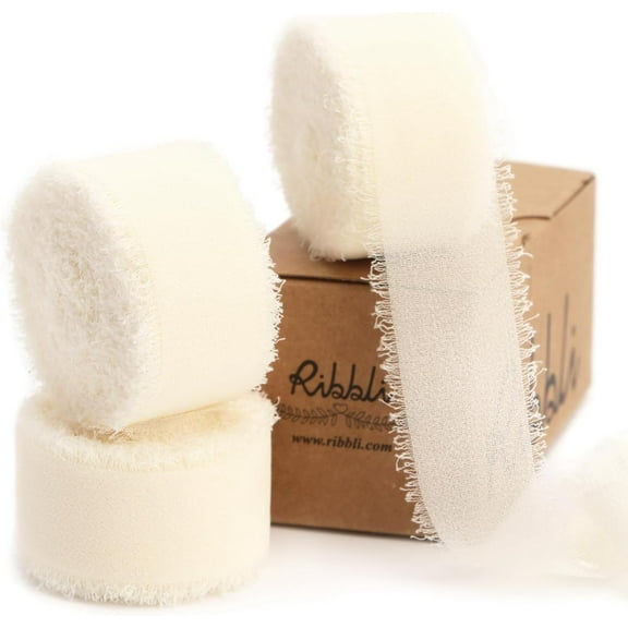 Genreen Ivory Ribbon 1 Inch x 3 Rolls Total 24 Yards Ivory Handmade Fringe Chiffon Silk Ribbon for Wrapping Wedding Invitations Bridal Bouquets DIY Crafts Home Decor
