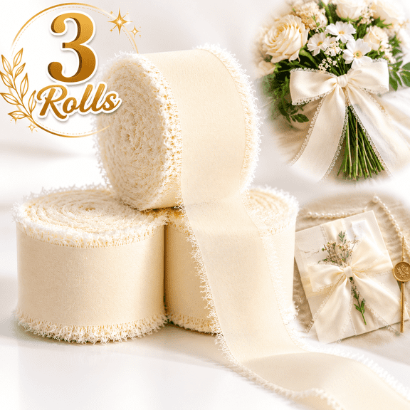 Ustris Ivory Ribbon 1 Inch x 3 Rolls Total 24 Yards Ivory Handmade Fringe Chiffon Silk Ribbon for Wrapping Wedding Invitations Bridal Bouquets DIY Crafts Home Decor