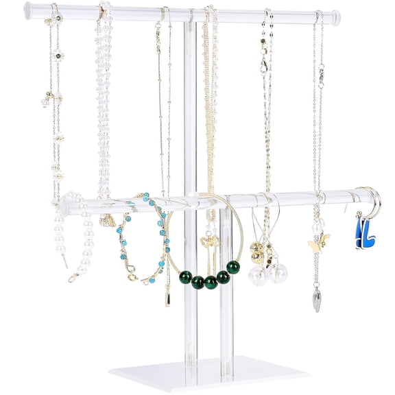 Genreen Jewelry Stand Necklace Holder, Acrylic Jewelry Display Holder, Necklace and Bracelet Hanging Organizer, Clear 2-Tier Tower Stand for Bangles, Necklaces, Bracelets, Rings, Earrings and Watch