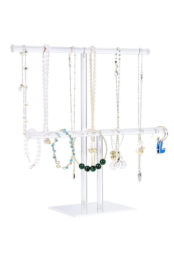 Jewelry Stand Necklace Holder, Acrylic Jewelry Display Holder, Necklace and Bracelet Hanging Organizer, Clear 2-Tier Tower Stand for Bangles, Necklaces, Bracelets, Rings, Earrings and Watch
