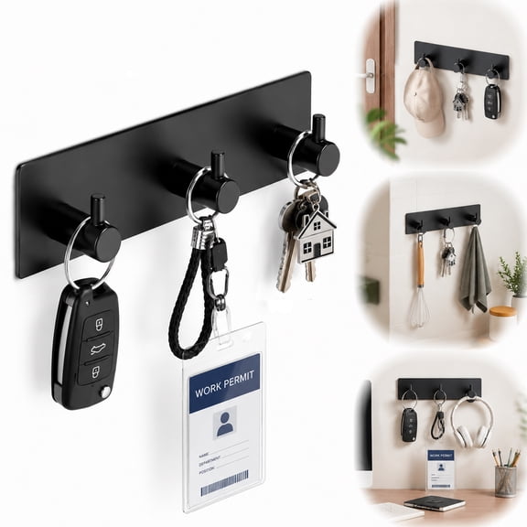 Genreen Key Holder for Wall, 3 Hooks Self Adhesive Stainless Steel Rack, Matte Black Organizer for Entryway, Kitchen, Office, Damage Free Hanging for Keys Masks