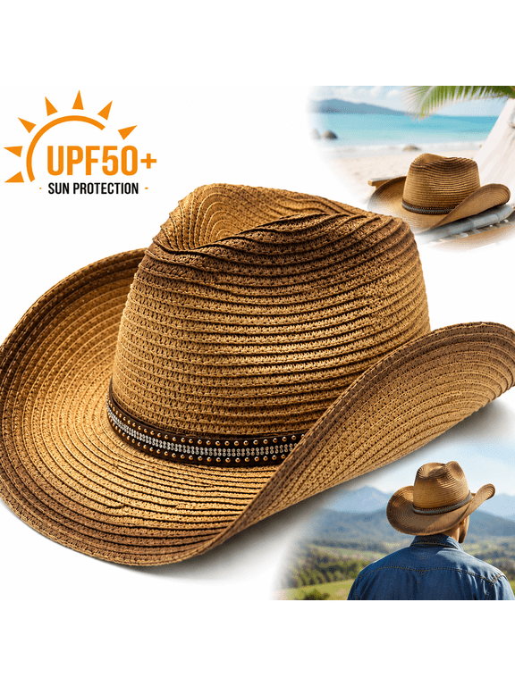 Mens Straw Cowgirl Cowboy Hat Women Floppy Packable Wide Brim Sun Hat , Unisex Packable Straw Cowboy Hat with UPF50 Sun Protection - Foldable Wide Brim Western Panama Hat for Beach Travel