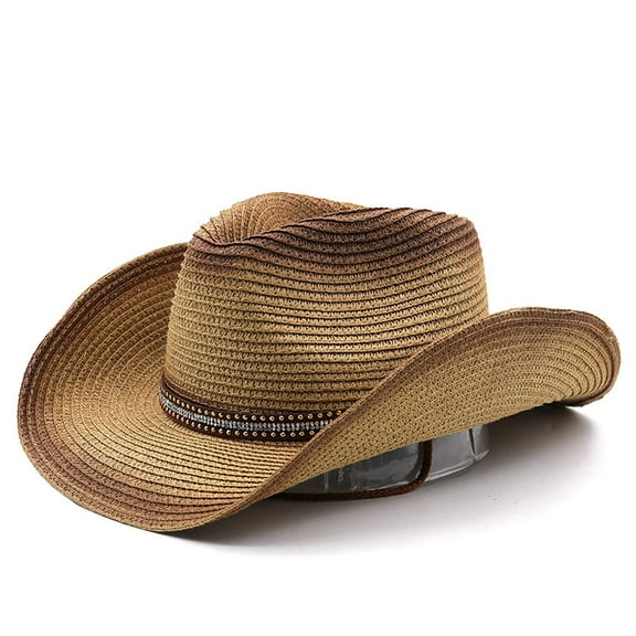 Genreen Mens Straw Cowgirl Cowboy Hat Women Floppy Packable Wide Brim Sun Hat , Unisex Packable Straw Cowboy Hat with UPF50 Sun Protection - Foldable Wide Brim Western Panama Hat for Beach Travel