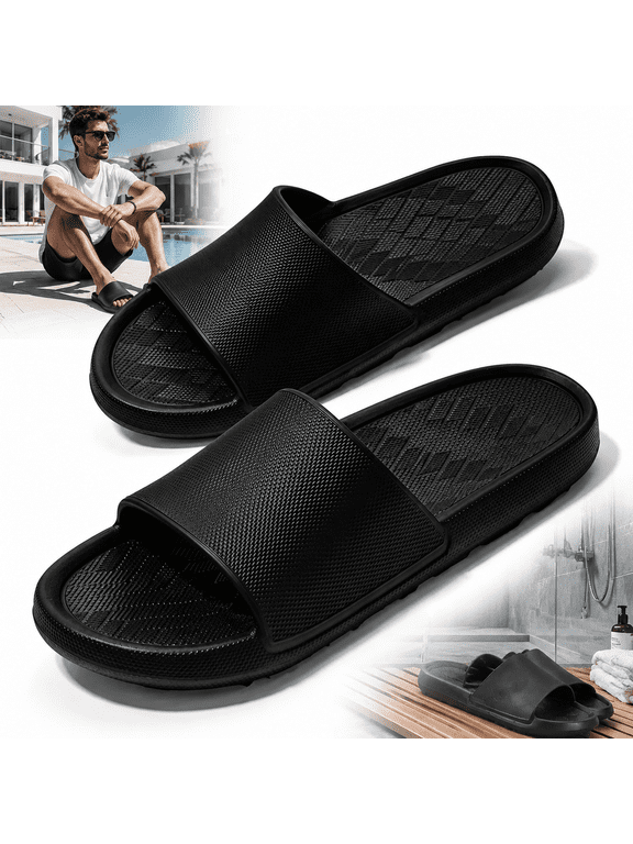 Non Slip Shower Shoes Bathroom Slippers for Pool Camping Open-toe,Black