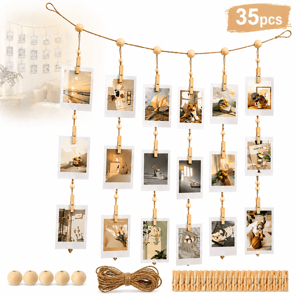 Genreen Photo Wall Display String with Clips - 52 Inch Jute Rope & Wood Bead Photo Hanging Kit with 28 Clips for Wall Collage Display