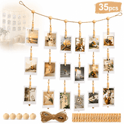 Genreen Photo Wall Display String with Clips - 52 Inch Jute Rope & Wood Bead Photo Hanging Kit with 28 Clips for Wall Collage Display