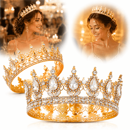 Genreen Queen Crown Rhinestone Wedding Crowns and Tiaras for Women Costume Party Hair Accessories Princess Birthday Crown Crystal Bridal Crown (Gold White Crown)