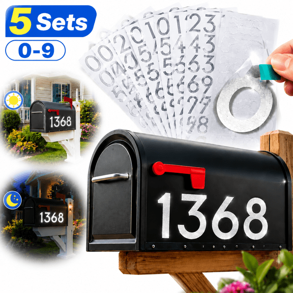 Genreen Reflective Mailbox Numbers for Outside - 5 Sets House Address Numbers with Sticky Tabs, Easy Install & Night Visible (0-9)