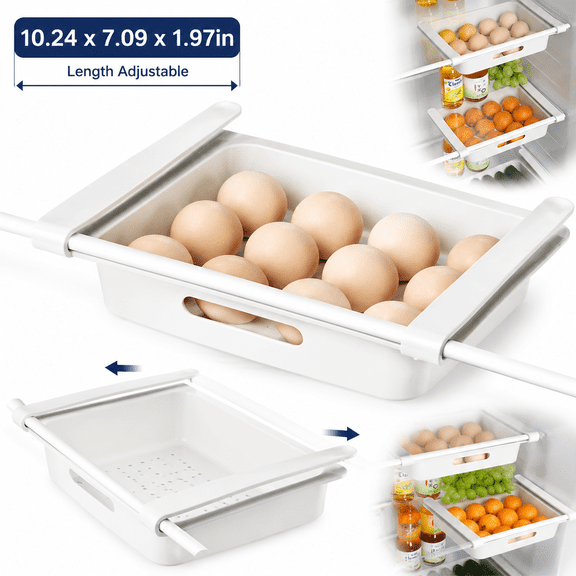 Genreen Refrigerator Drawer Organizer Pull Out Fridge Storage Bin for Eggs, Fruit & Vegetables Under Shelf Hanging Rack with Drainage Holes Space Saver Container (White)