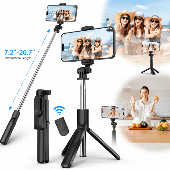 Genreen Selfie Stick Tripod,  length 7.2"-26.7" Retractable Selfie Stick Tripod with Wireless Remote Control, for Photograph, Live Streaming, Video Recording, Compatible with Android, iPhone and More