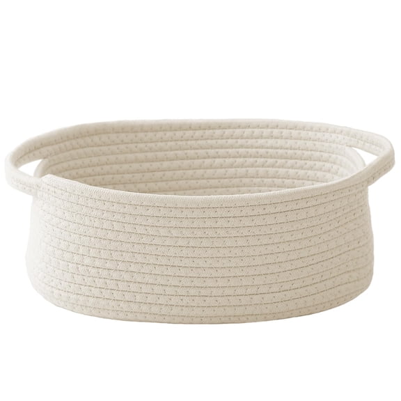 Genreen Small Woven Storage Basket Cotton Rope Bin with Handles Decorative Organizer for Shelves, Closets, & Pet Toys Empty Gift Basket Base for Birthdays & Holidays (White, 12.9" x 9")