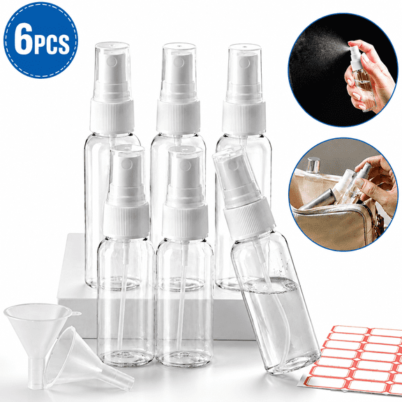 Genreen Spray Bottles, 6 Pack 2oz/50ml Clear Empty Fine Mist Plastic Mini Travel Bottle Set, Small Refillable Liquid Containers with 2pcs Funnels and 24pcs Labels.