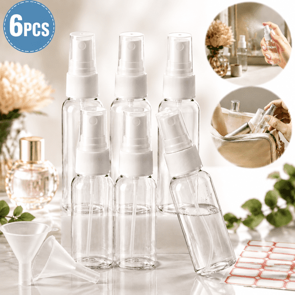Genreen Spray Bottles, 6 Pack 2oz/50ml Clear Empty Fine Mist Plastic Mini Travel Bottle Set, Small Refillable Liquid Containers with 2pcs Funnels and 24pcs Labels.