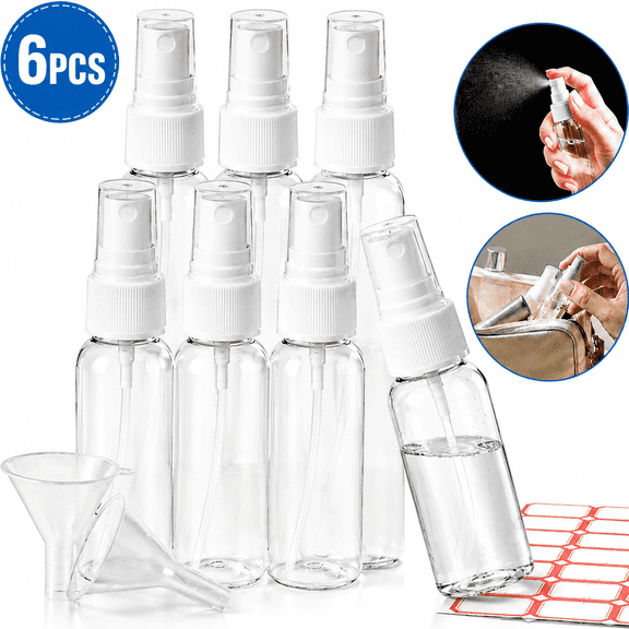Ustris Spray Bottles, 6 Pack 2oz/50ml Clear Empty Fine Mist Plastic Mini Travel Bottle Set, Small Refillable Liquid Containers with 2pcs Funnels and 24pcs Labels.