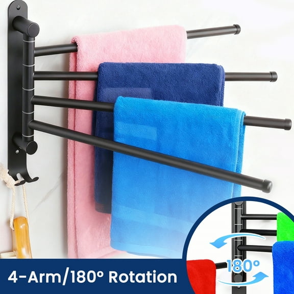 Genreen Swivel Towel Rack for Bathroom - 14.7'' Rustproof Towel Holder, Sturdy Towel Bar Wall Mounted, Space-Saving Towel Hanger, Bathroom Accessories, Home Decor, Apparment Essentials,  (Matte Black