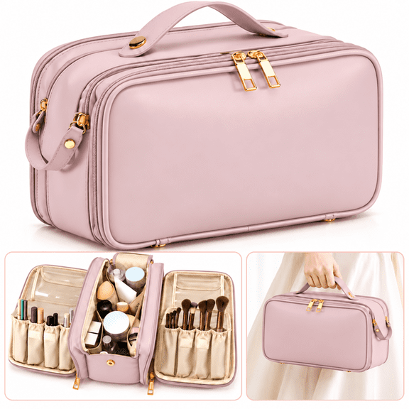 Ustris Travel Makeup Bag for Women, Large Capacity Makeup Bag Organizer with Large Opening, Waterproof Pink Cosmetic Travel Bag, Portable Toiletry Organizer with Vertical Brush Holder