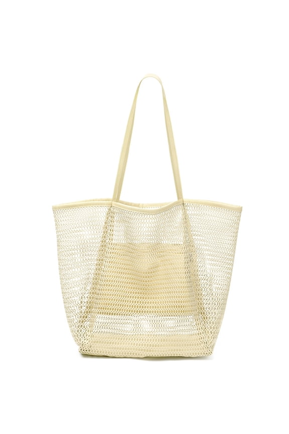 Women's Mesh Beach Tote Bag - Lightweight Shoulder Bag, Soft Summer Casual Long Shoulder Strap Handbag, Off-White, Large Bohemian Shopping Bag for Beach, Pool, Shopping, Travel