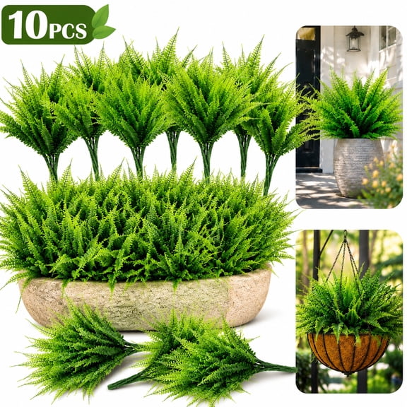 Ustris 10PCS Fake Fern Outdoors - Ferns Artificial Plants for Outdoor Ferns That Look Real Boston Faux Fern Stems Indoor Nearly Natural UV Resistant Outdoor Plants Artificial for Porch Greenery Decor