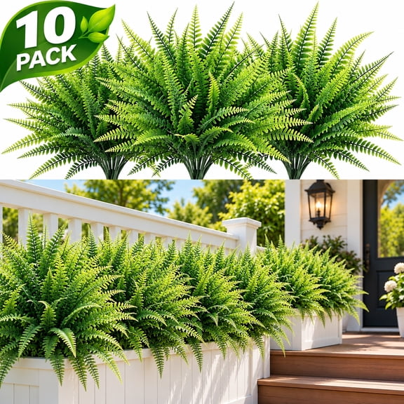 Ustris 10PCS Fake Fern Outdoors - Ferns Artificial Plants for Outdoor Ferns That Look Real Boston Faux Fern Stems Indoor Nearly Natural UV Resistant Outdoor Plants Artificial for Porch Greenery Decor