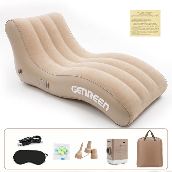Genreenhub S-Shaped Inflatable Sofa Bed with Built-in Pump, Flocked Portable Blow Up Couch for Indoor Outdoor Camping