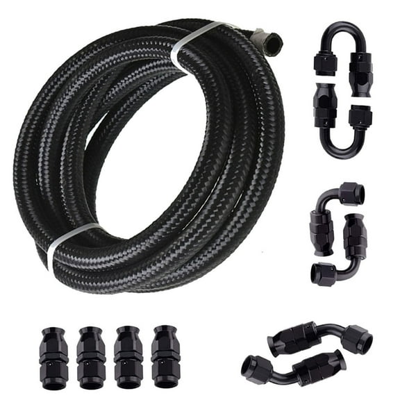 Genrics 6AN 20FT Fuel Line Hose Kit Nylon Stainless Steel Braided Fuel Line Oil/Gas/Fuel Hose End Fitting Hose with End Fitting Nylon Stainless Steel Braid Black 3/8-8.73mm ID (AN6)