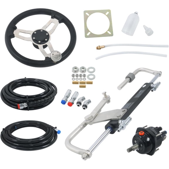 Genrics 90 Horsepower Hydraulic Outboard Steering Kit, Single Engine Use, with Bi-Directional Locking Cylinders and 20ft High Strength Nylon Hose