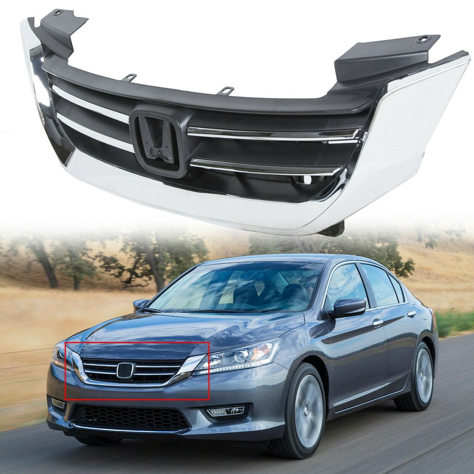 For Honda Accord 4d 2013 2014 2015 Black & Chrome Front Bumper Hood Replacement