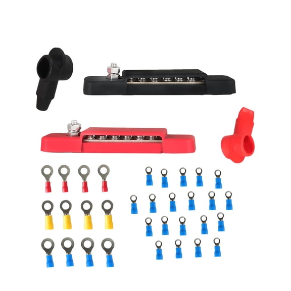 Genrics Busbar Bus Bar Power Distribution Block with Cover 12V 250A 4 Posts 3/8 Red Black