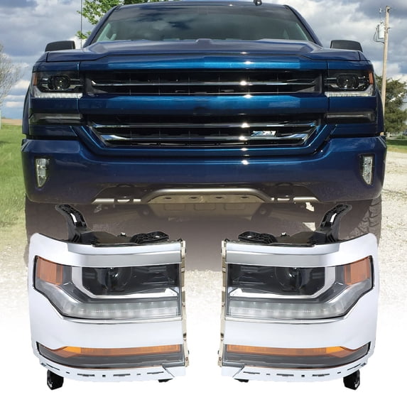Genrics For 2016-18 Chevy Silverado 1500 Headlight HID/Xenon w/ LED Chrome RH+LH