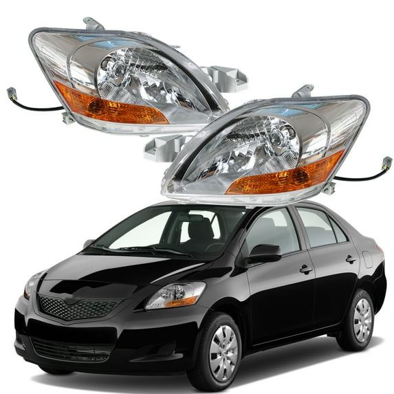 Genrics Pair Headlamps For 2007-2011 Toyota Yaris Base Sedan Headlight Chrome Housing