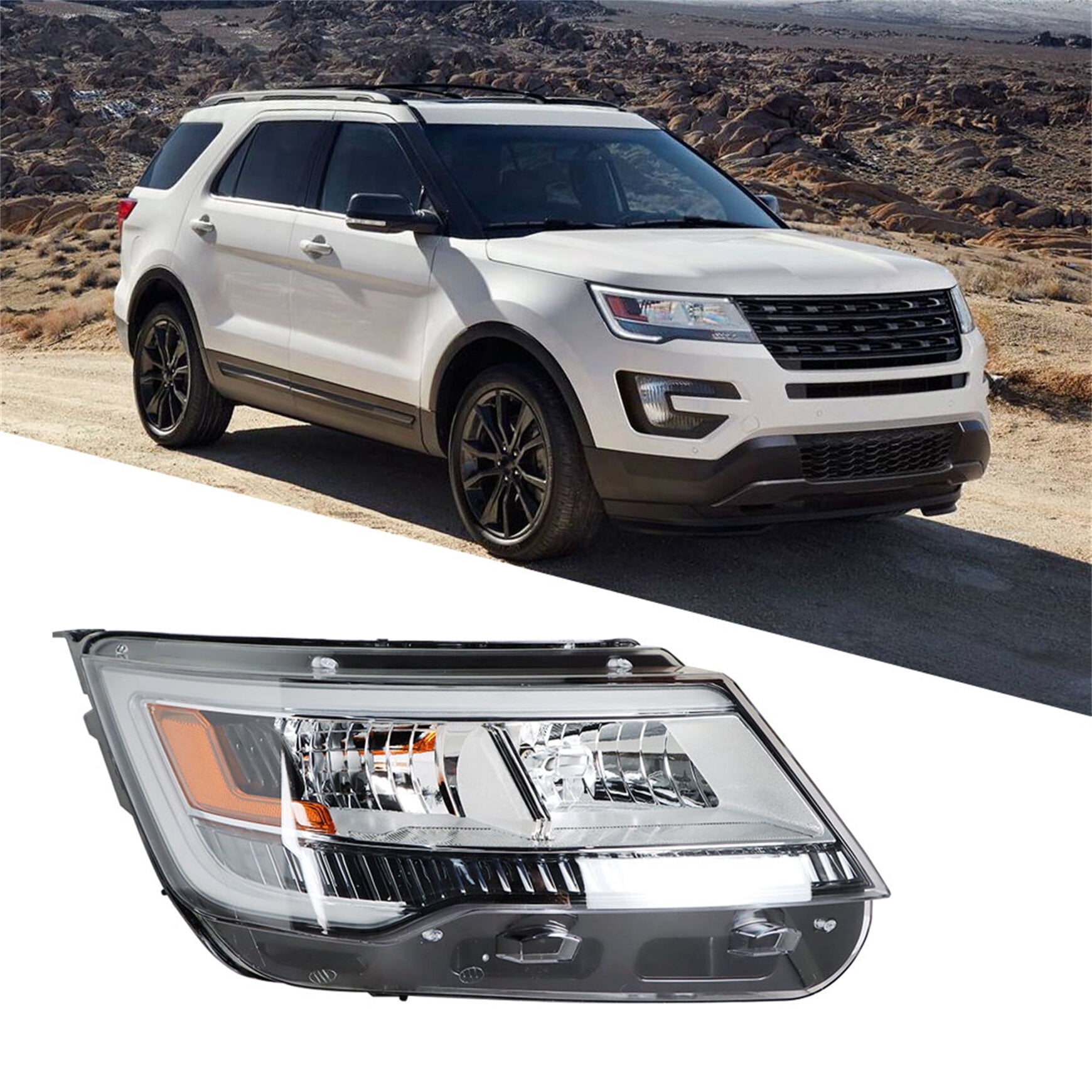Genrics Right Headlight For 2016-18 Ford Explorer Halogen w/ LED DRL Chrome Housing