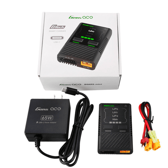 Gens Ace iMars Mini G-Tech USB-C 2-4S 60W Airsoft Battery Charger with Power Supply Adapter and Adapter Cable