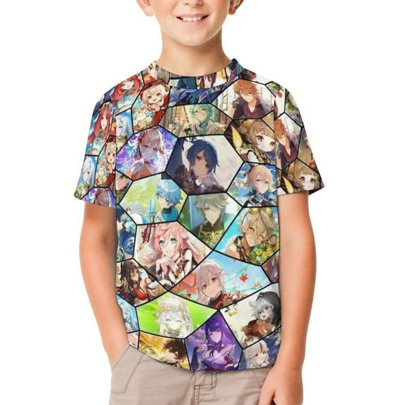Genshin Impact Kids Short Sleeve Tee Shirt Novelty Crewneck T-Shirts Unisex Summer Blouse Tops for Boys Girls 110CM