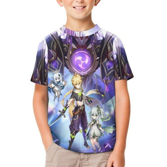 Genshin Impact Kids Short Sleeve Tee Shirt Novelty Crewneck T-Shirts Unisex Summer Blouse Tops for Boys Girls 110CM