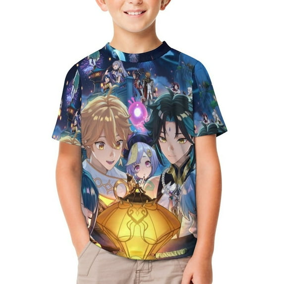 Genshin Impact Kids Short Sleeve Tee Shirt Novelty Crewneck T-Shirts Unisex Summer Blouse Tops for Boys Girls 150CM