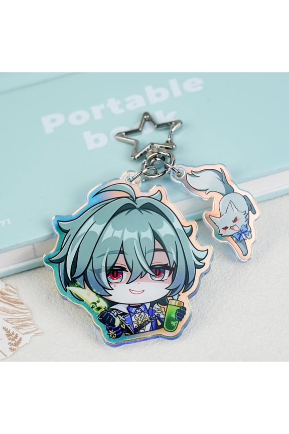Genshin Impact Lohen Chibi Acrylic Keychain, Double Chain Star Clasp Cute Anime Keyring, Holographic Edge Game Character Merch, Fan Gift, random 1 pack