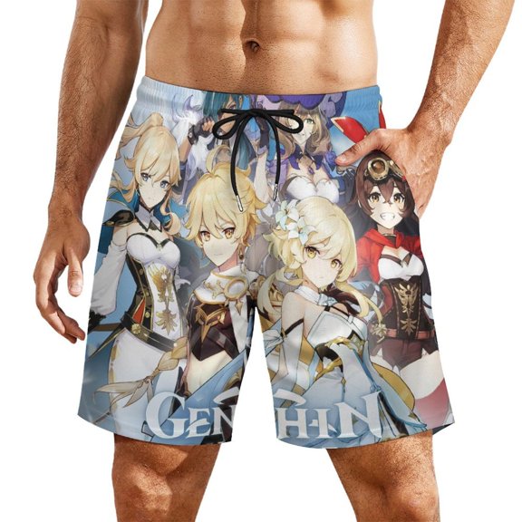 Genshin Impact Mens Swim Trunks with Compression Liner Board Shorts Quick Dry Swim Shorts Bathing Suits S