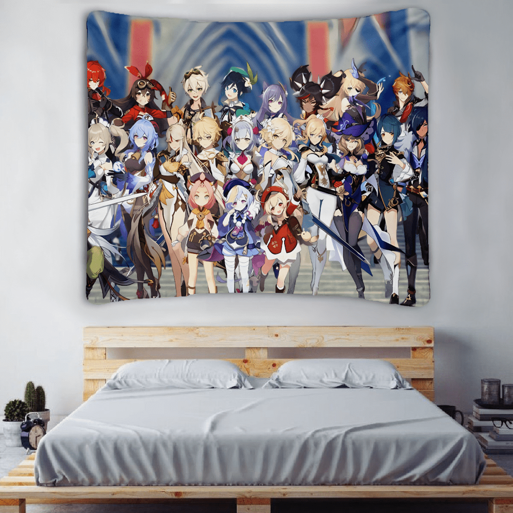 Genshin Impact Tapestry, Wall Hanging Anime Genshin Aether Lumine Amber
