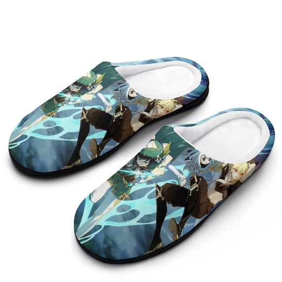 Genshin Impact Women's Cotton Home Shoes, Trendy Printed Slippers Thick Plush Warm House Slippers 7-8(39-40)