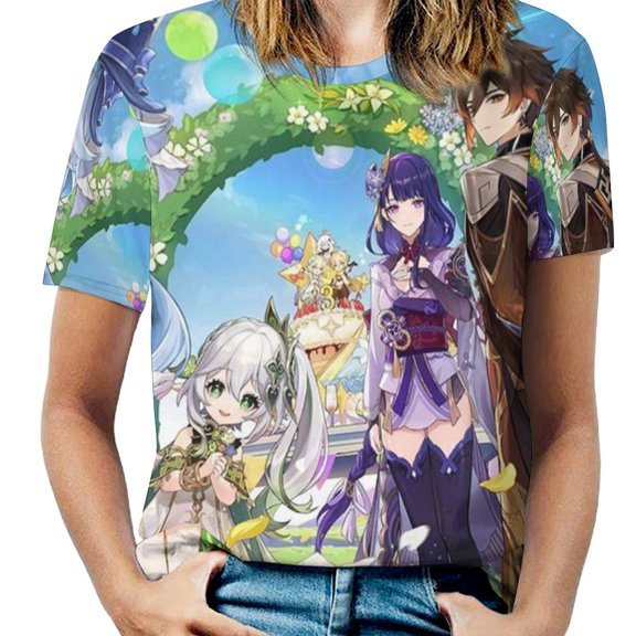 Genshin Impact Womens T-Shirt Round Neck Short Sleeve Tee Shirts Summer Breathable Tops Blouse 4XL