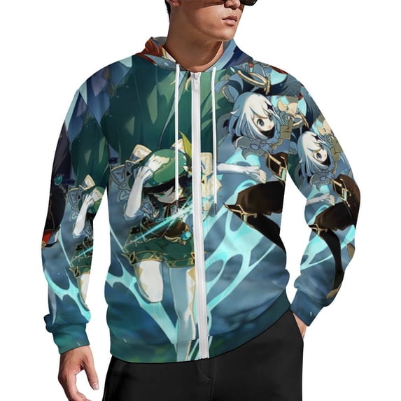 Genshin Impact Zip Up Hoodies Unisex Realistic 3D Print Sweatshirt Long Sleeve Hooded Jacket Coat S