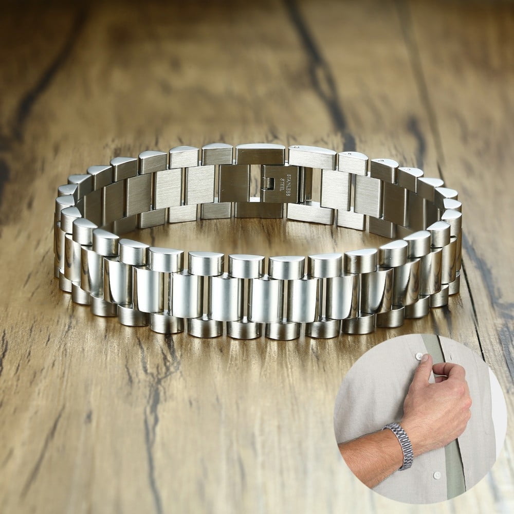 Gent's President Bracelet 14K White Gold Watch Band Bracelet for Men Watchlink Bracelets Jewelry Golden 15MM Wide 8.8 Inches