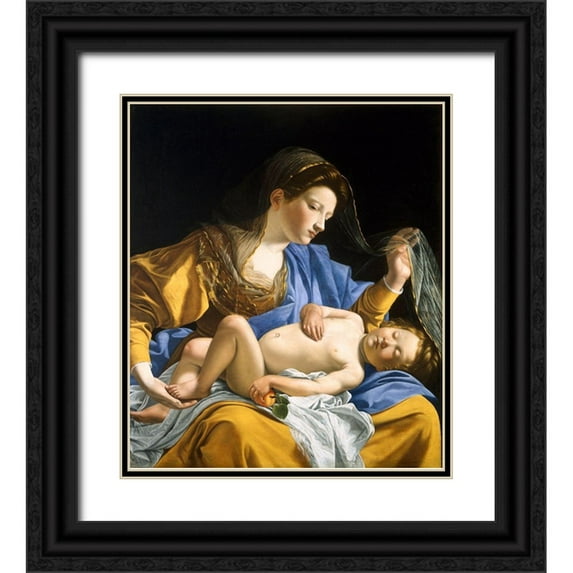 Gentileschi, Orazio 20x23 Black Ornate Wood Framed with Double Matting Museum Art Print Titled - The Virgin with the Sleeping Christ Child
