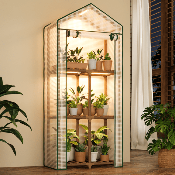 Gentingbro Mini Greenhouse with Grow Light Plant Stand for Mutiple Pots Outdoor 3-Tierd Reusable Portable Warm House with PE Cover Compact Patio Boho Home Decor