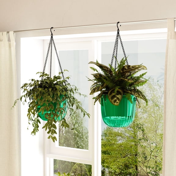 GENTINGBRO 6.5 Inch 2-Pack Hanging Planters, Self-Watering Plastic Hanging Flower Pots for Indoor Outdoor Plants (Green)